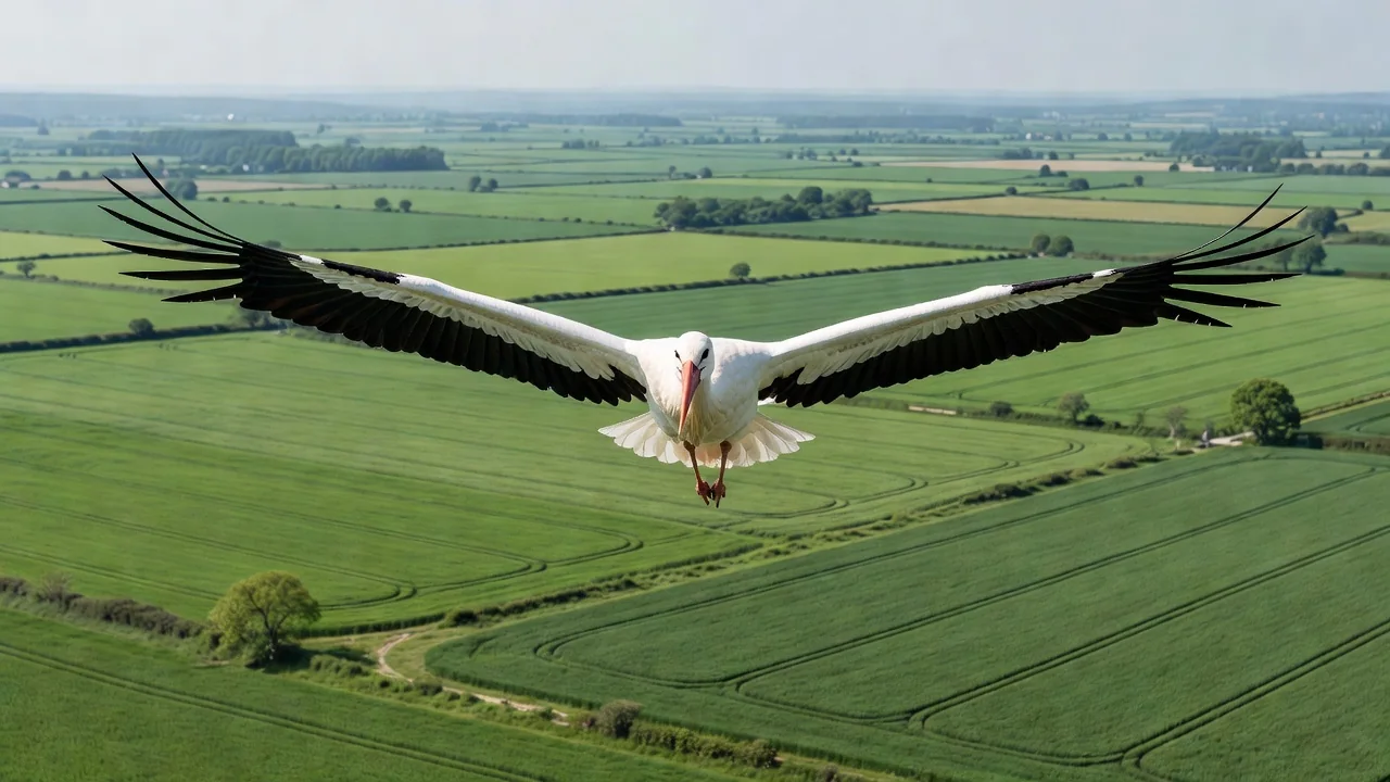 A white stork soaring high above patchwork farmland on migration