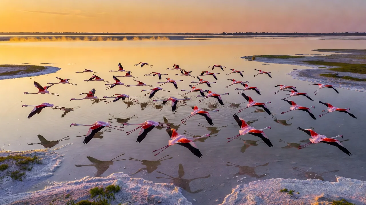 A flock of flamingos flying over a Mediterranean salt lagoon at golden hour