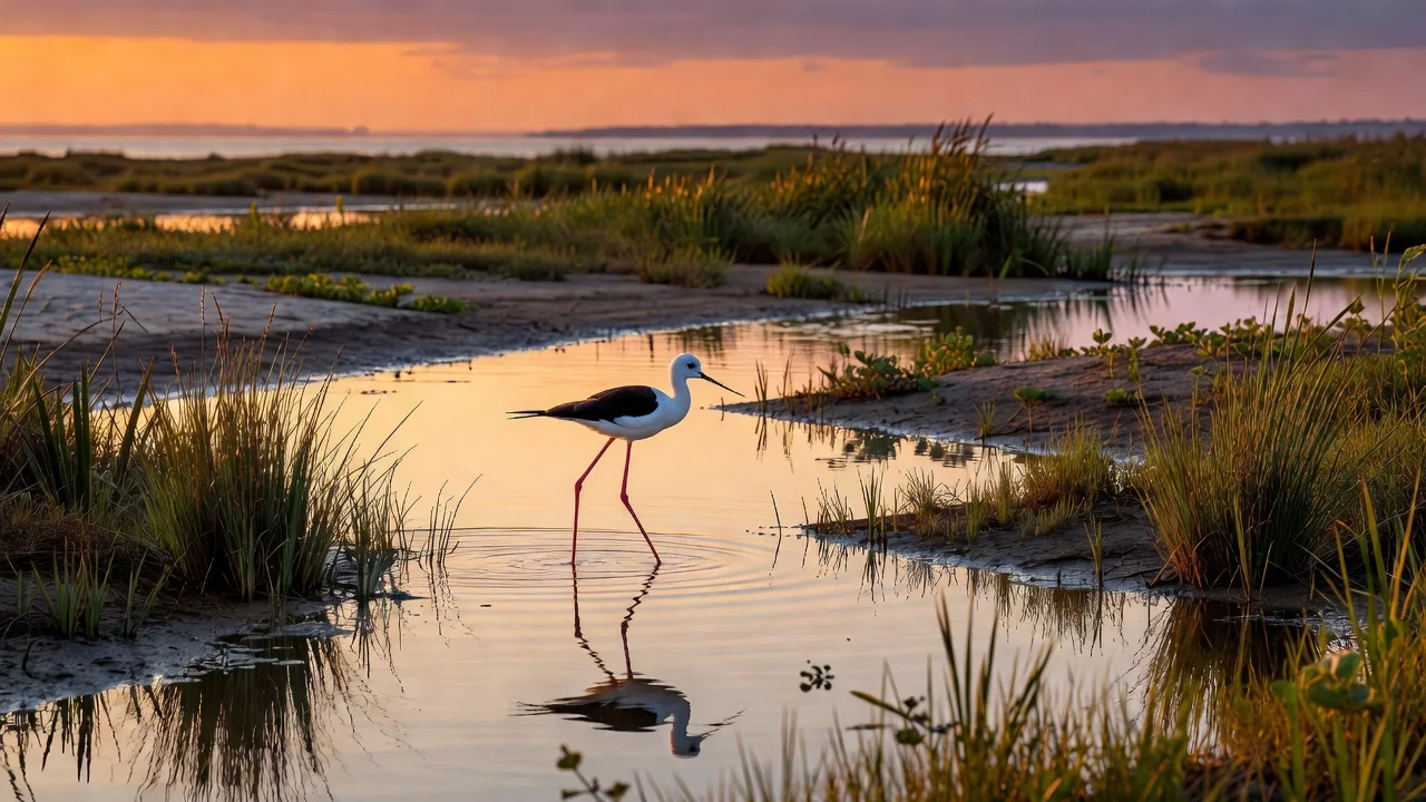 A black-winged stilt wading through a shallow coastal marsh at sunset