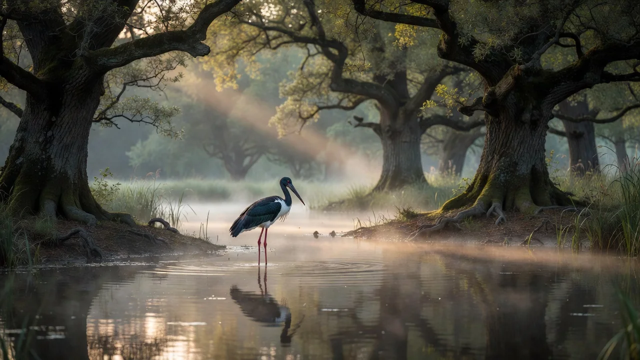 A black stork standing in a quiet forest wetland at dawn