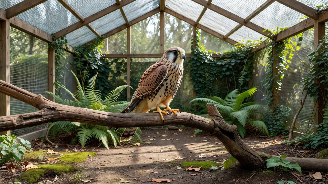 A rescued kestrel perched on a gloved hand in a rehabilitation aviary