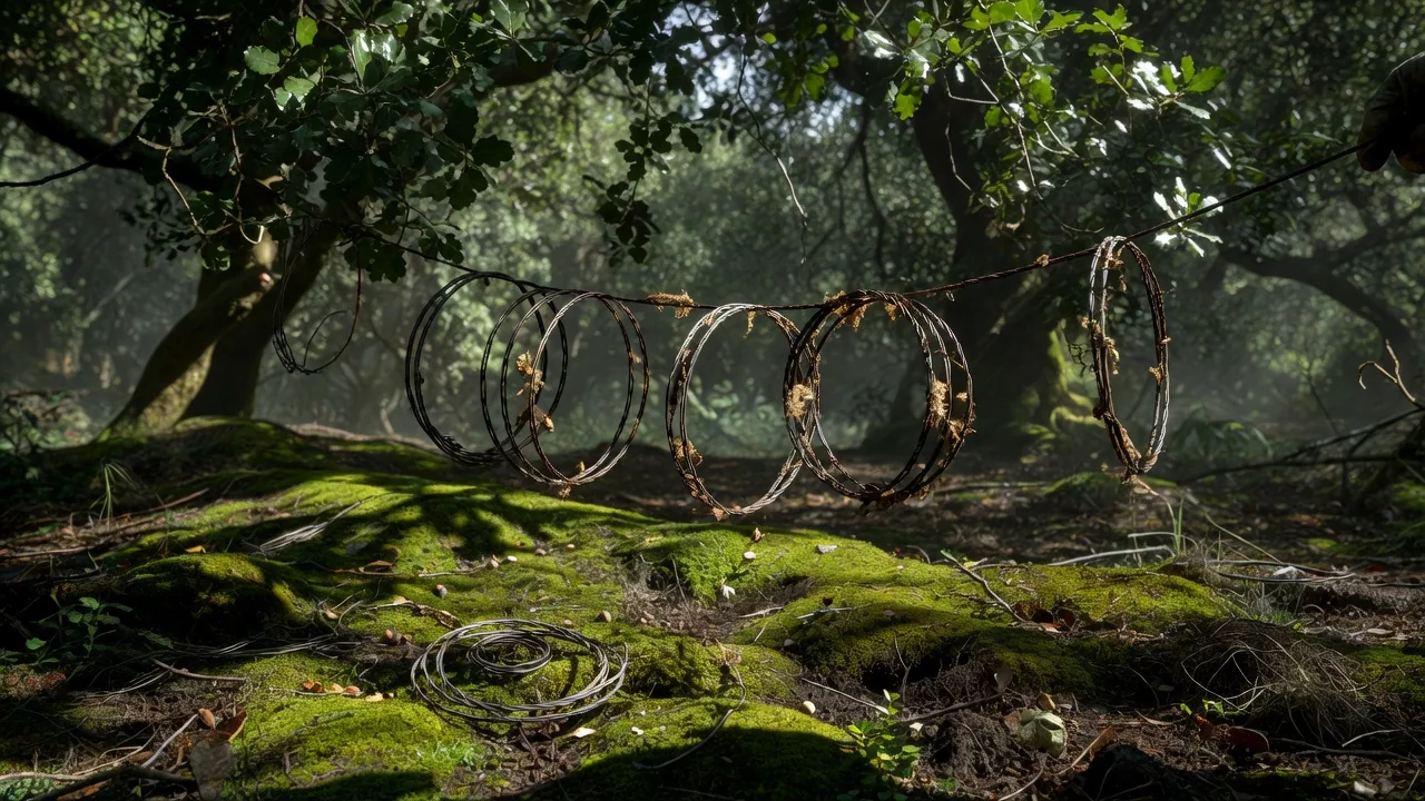 A ranger's hand holding removed wire snares in a Mediterranean holm-oak forest